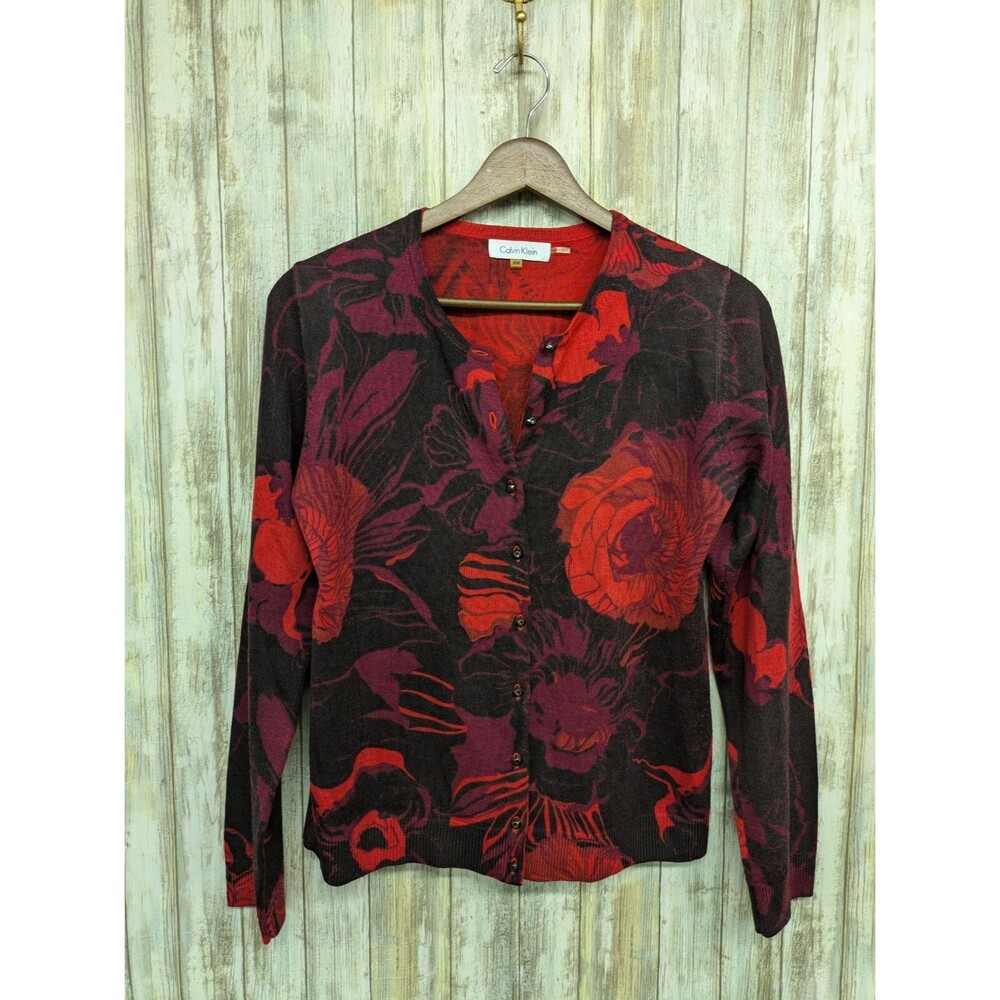 Calvin Klein Cardigan Sweater Wool Floral Whimsigoth Dark Romantic Red Black PM